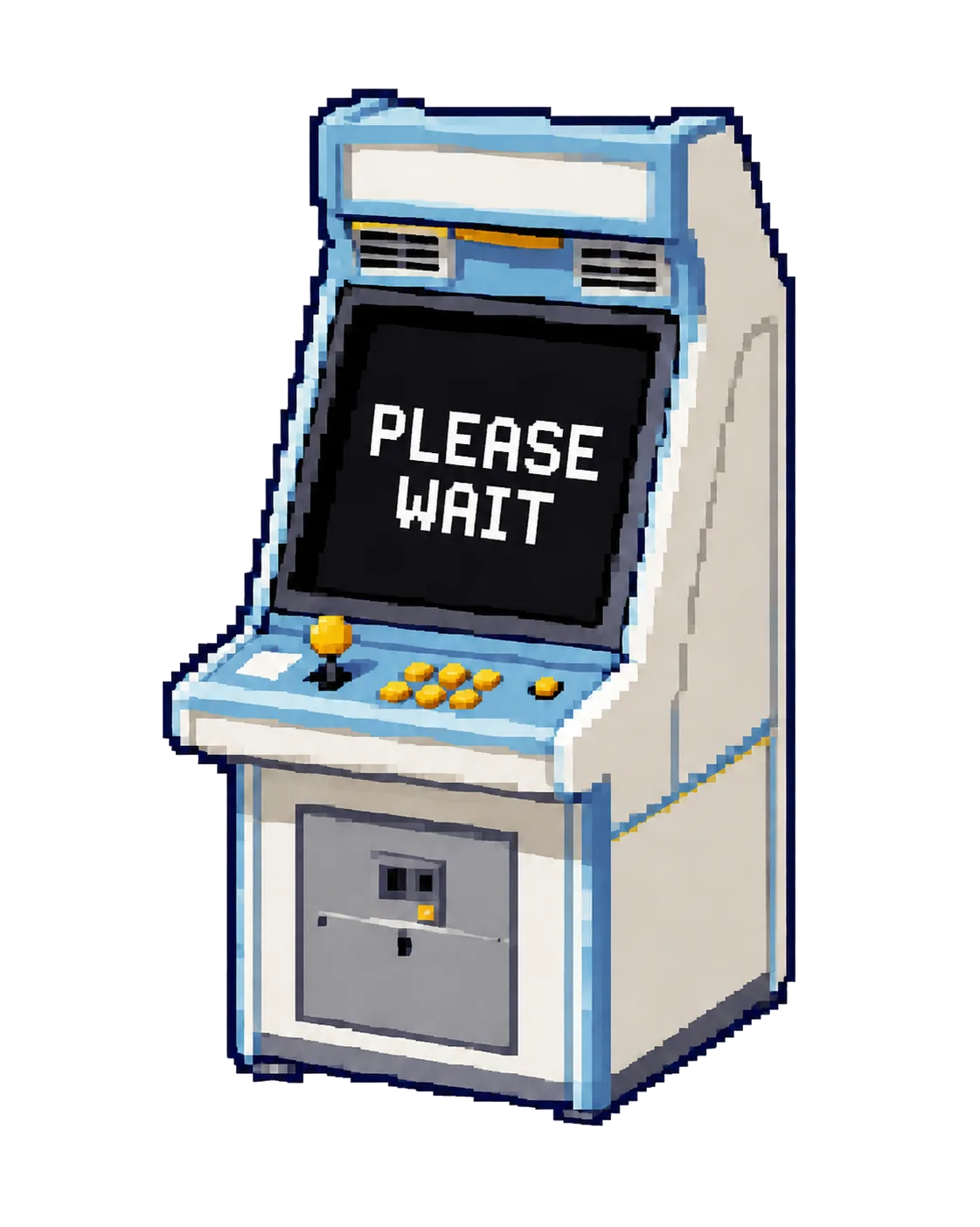 PLEASE WAITと表示された故障中のゲーム筐体